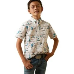 Ariat Boys Krish White Desert Scene Button Down Short Sleeve Shirt
