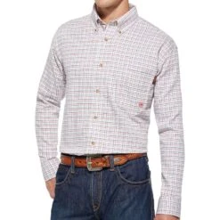 Ariat Men's White And Red Plaid Flame Resistant Work Shirt